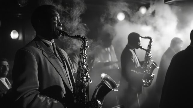 Harlem Jazz Haven, an underground club in the 1940s, filled with swirling saxophone melodies and a smoky atmosphere, capturing the essence of vibrant nightlife and culture.