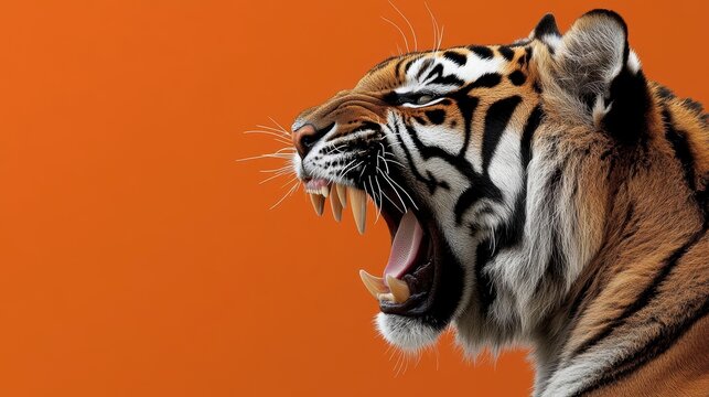 A majestic tiger roars with its mouth wide open showing its sharp teeth