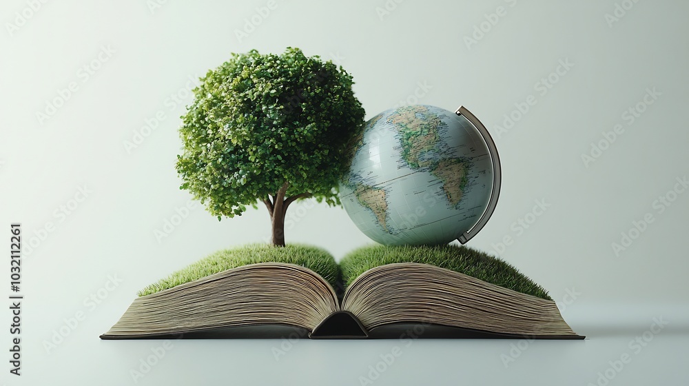 Poster stylish 3d illustration for world book day featuring an open book with a globe and simple tree shape