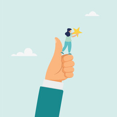 Mission accomplished. The character is holding a winner standing on his thumb. Vector illustration.	