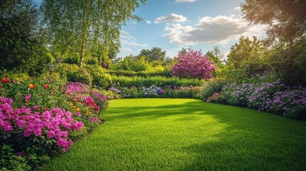 Obraz premium Lush Garden with Colorful Flowers and Green Grass