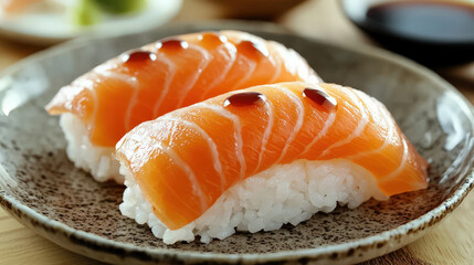 Deliciously prepared sushi featuring beautifully sliced salmon on bed of vinegared rice, served on rustic plate. perfect dish for sushi lovers!