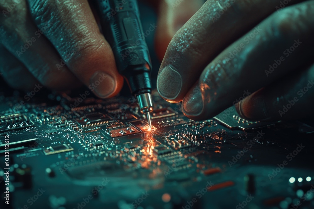 Poster a close-up view of a person working on a circuit board with various electronic components