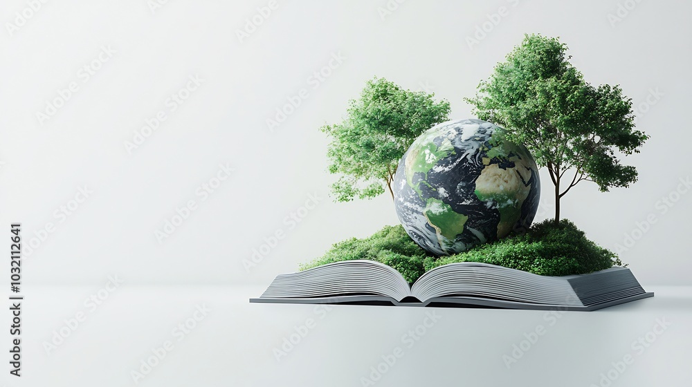 Poster stylish 3d illustration for world book day featuring an open book with a globe and simple tree shape