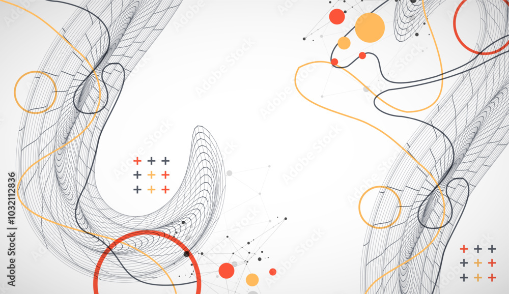 Poster Template for science and technology presentation. Wireframe waves. Plexus style background.