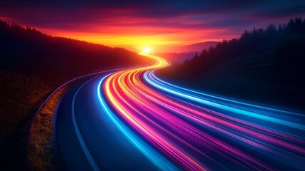 Long-exposure photograph showing colorful car light trails making their way through a forest as the sun sets over the horizon