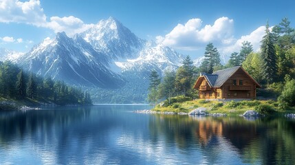Fototapeta premium A serene lakeside cabin surrounded by majestic mountains and lush greenery.