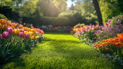 Lush Green Grass Path Flanked by Colorful Tulips in a Sunny Garden