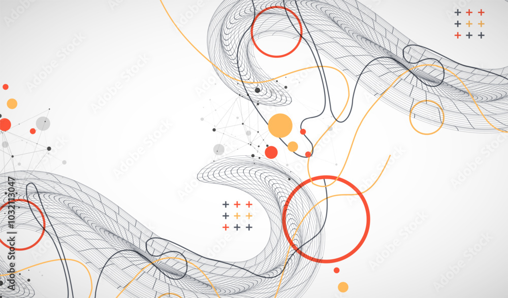 Poster Template for science and technology presentation. Wireframe waves. Plexus style background.