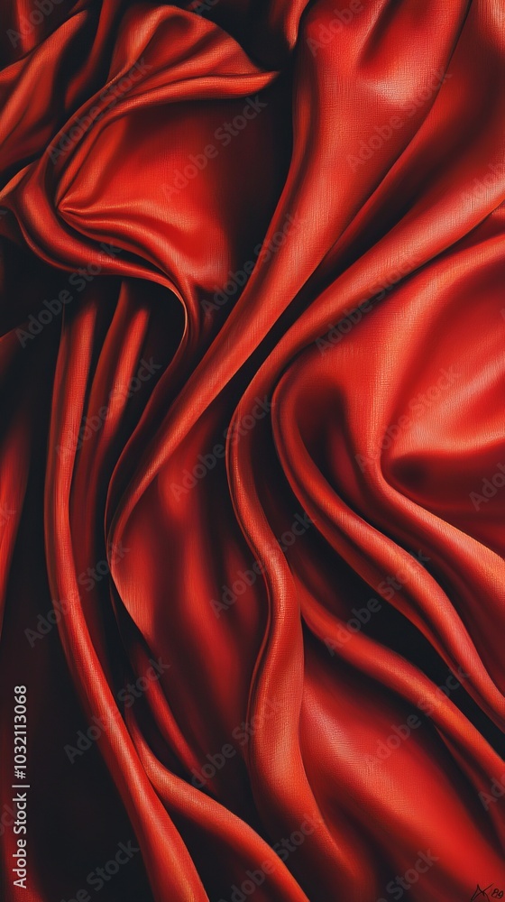 Poster smooth, shiny red silk fabric is flowing and forming elegant folds in this image that would work wel