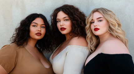 Obraz premium Three women with different hair colors and styles pose for a photo. Scene is confident and bold, as the women are showing off their curves and embracing their bodies