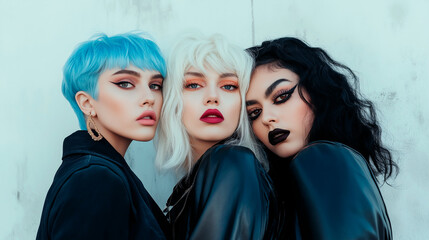 Naklejka premium Three women with different hair colors and makeup styles pose for a photo. Scene is playful and fun, as the women are dressed in black and wearing bold makeup