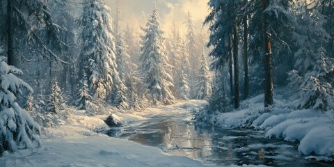 Fototapeta premium Snowy winter forest with a winding river.