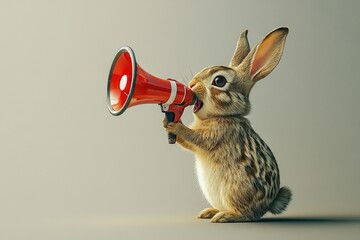 A rabbit holding a red and white megaphone, ideal for illustrations or graphics needing a cute and attention-grabbing character