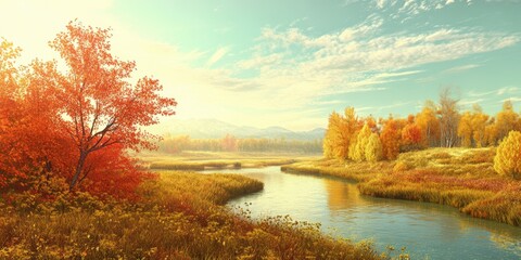Autumnal river scene with colorful trees.