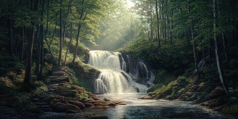 A waterfall flows through a lush green forest.