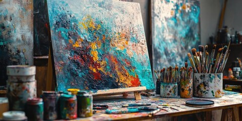 Obraz premium Artist's studio with colorful paints and brushes.