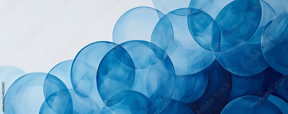 Poster abstract background texture of overlapping blue watercolor circles blending together on white paper 