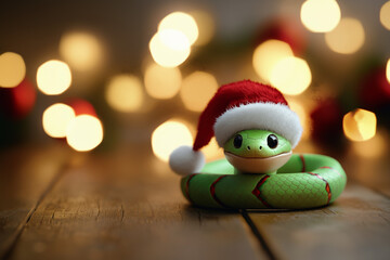 AI Image. Traditional Chinese green snake wearing Santa hat. Chinese Lunar New Year concept