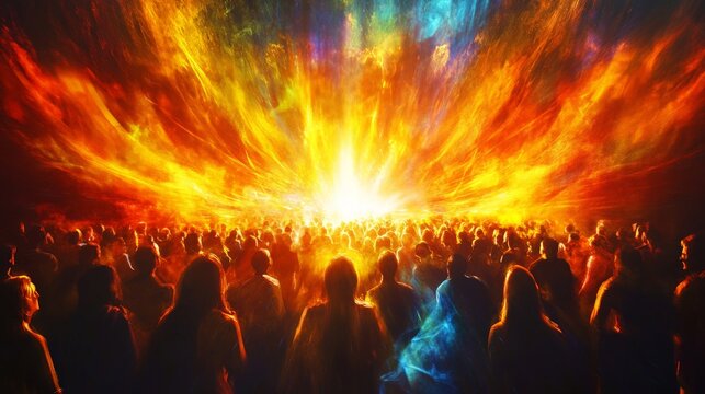 Pentecost Celebration, a vivid portrayal of disciples receiving the Holy Spirit, dynamic flames and radiant light symbolize the transformative moment of divine inspiration.