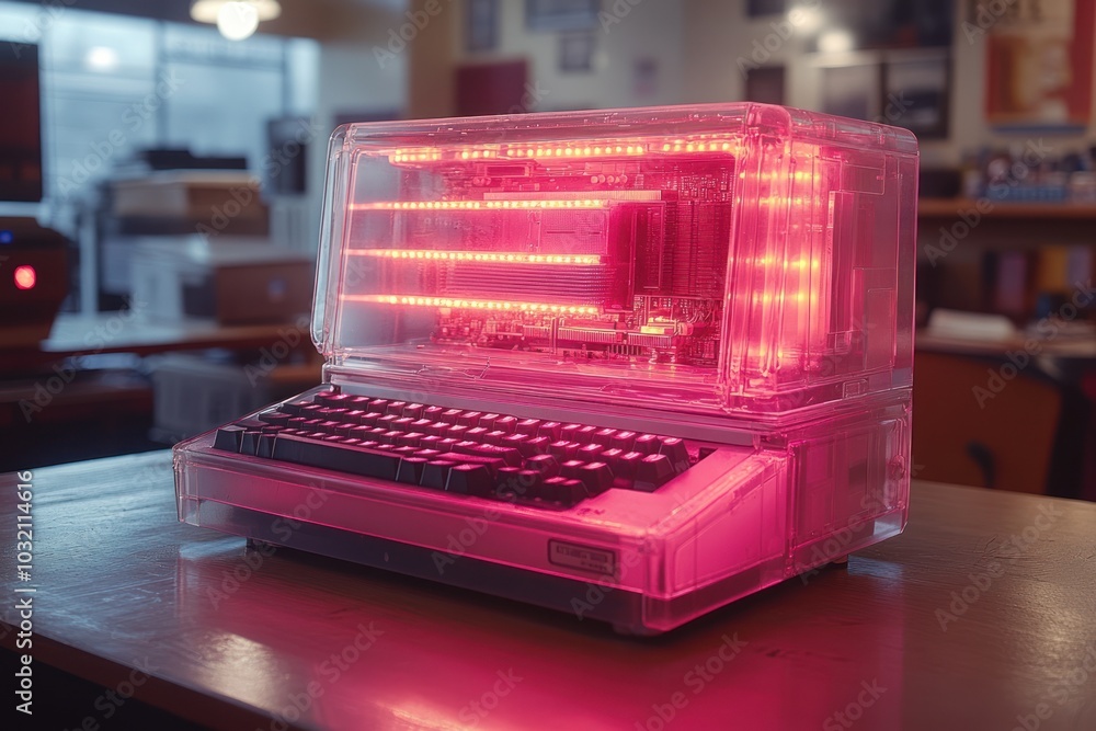 Poster a vintage computer with a clear case and red led lights inside. the computer is sitting on a wooden 