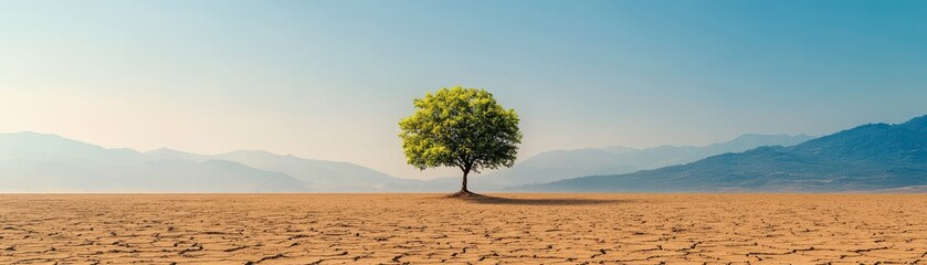 Lone tree in a vast, arid landscape against a clear blue sky.