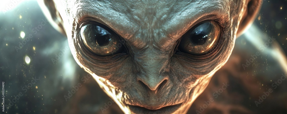 Poster captivating image of a gray alien with large, mesmerizing eyes gazing intently, hinting at a mysteri