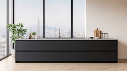 Modern home kitchen interior with cabinet and panoramic window. Mock up frame
