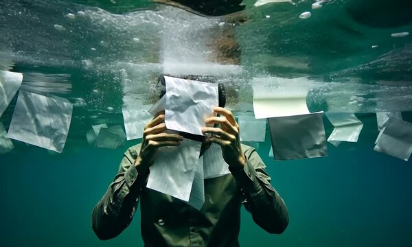 Drowning businessman in the depths of the sea. A man with papers underwater. An office worker is drowning in a sea of papers.