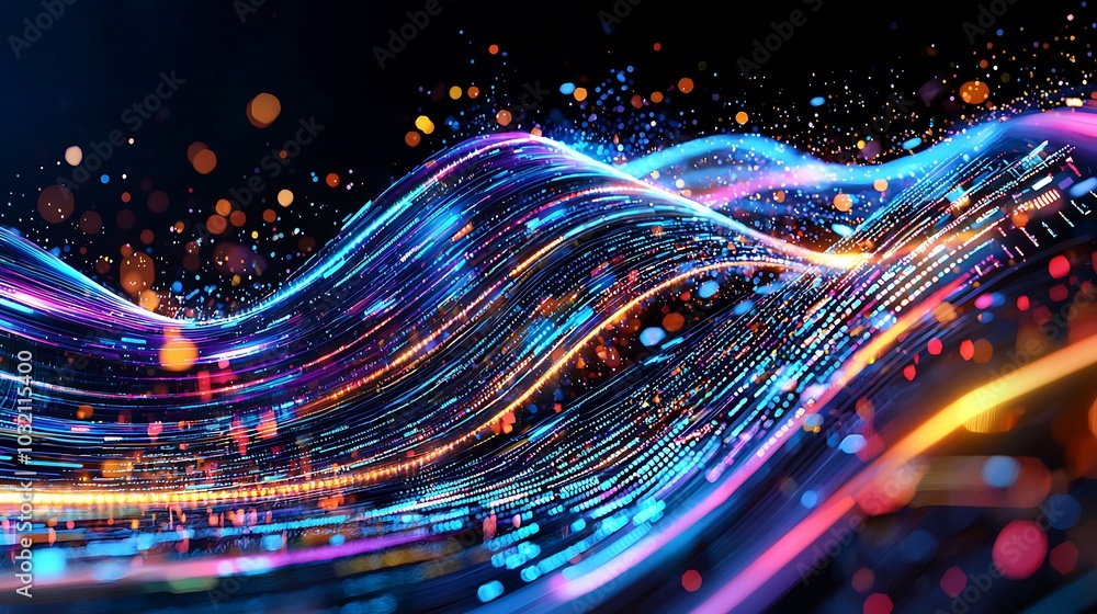 Poster this vibrant image features dynamic waves of colorful light patterns, creating a mesmerizing abstrac