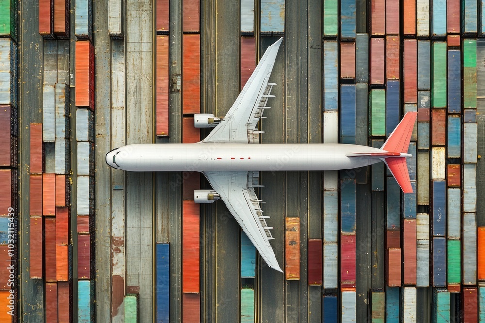 Poster an airplane flies above a busy container yard with rows of shipping containers stacked high