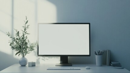 Fototapeta premium Modern Minimalist Workspace with Blank Computer Screen