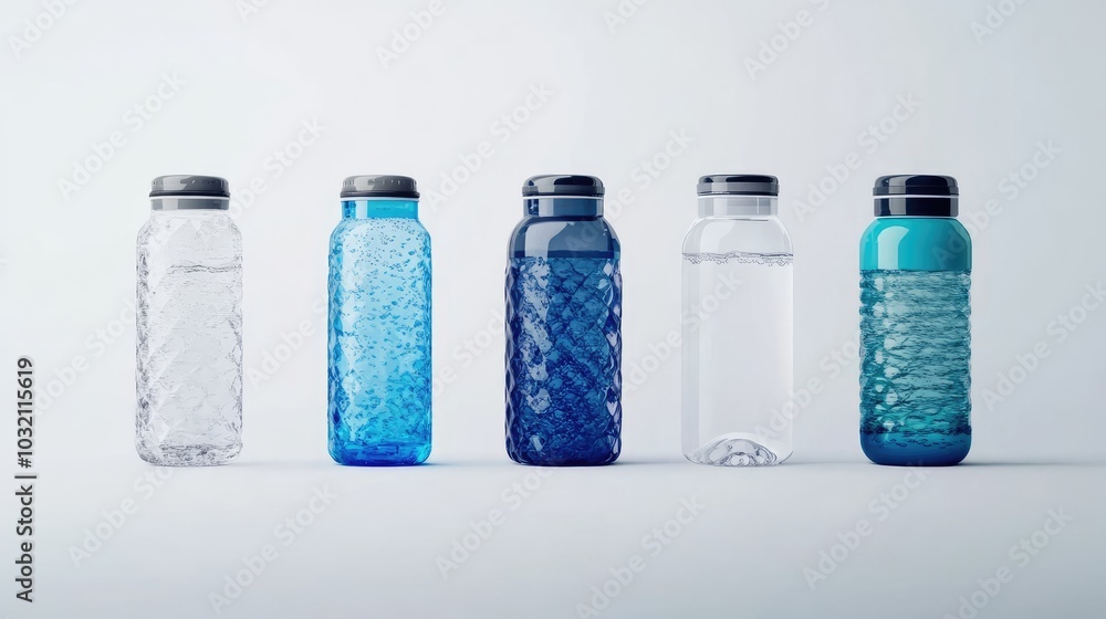 Poster five colorful water bottles arranged on a light background generative ai