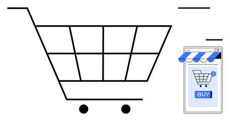 A shopping cart beside a smartphone screen with a buying button. Ideal for e-commerce, digital retail, online shopping, mobile commerce, and virtual storefronts. Simple, modern, minimalist style