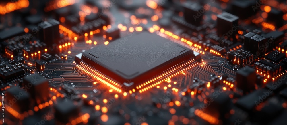 Poster close-up of a microchip on a circuit board with glowing orange lights.