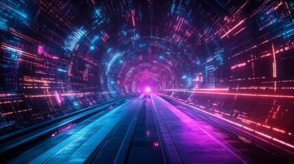 Futuristic digital tunnel with glowing neon lights in vibrant shades of pink, purple, and blue, creating a sci-fi atmosphere of speed and technology