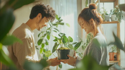 Obraz premium Couple caring houseplants at home. Caucasian young man and woman with green plants