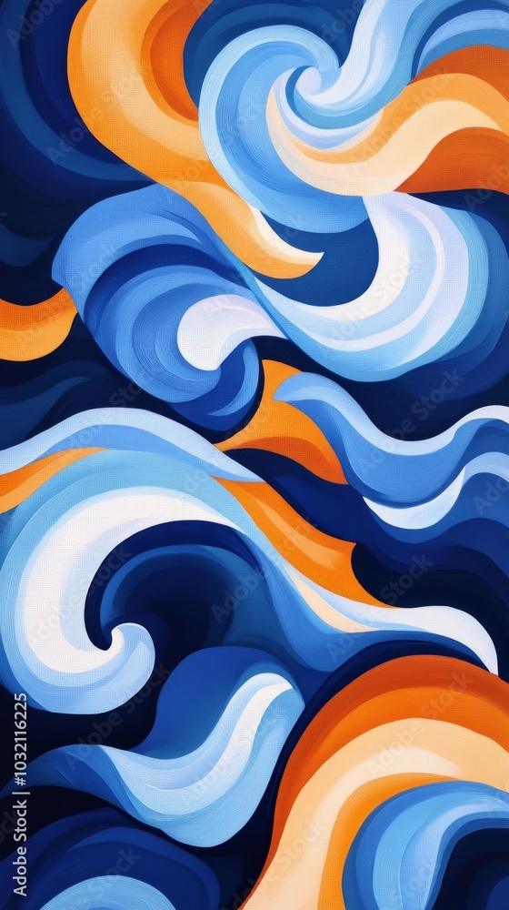 Poster blue and orange abstract shapes are swirling together, creating a dynamic flowing pattern. this abst