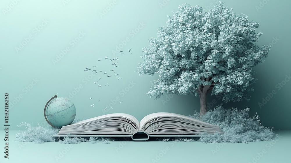Poster tranquil 3d illustration world book day depicting minimalistic open book with a small globe and eleg