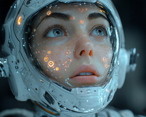 A portrait of a girl representing artificial intelligence, created in a laboratory setting. Her head is adorned with a white technological helmet