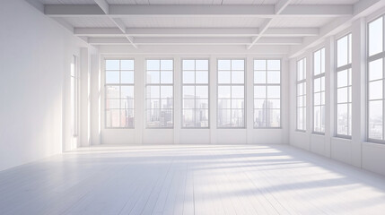 Fototapeta premium Modern loft with minimalist decor, large windows, and expansive empty walls and floors, ready for branding or text placement