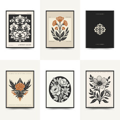 Fototapeta premium Abstract linocut floral posters template. Modern trendy minimal style. Black and white colors. Botanical blockprint. Hand drawn design for wallpaper, wall decor, print, postcard, cover, template.