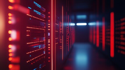 Naklejka premium Server Room With Red and Blue Lights