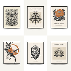 Abstract linocut floral posters template. Modern trendy minimal style. Black and white colors. Botanical blockprint. Hand drawn design for wallpaper, wall decor, print, postcard, cover, template.