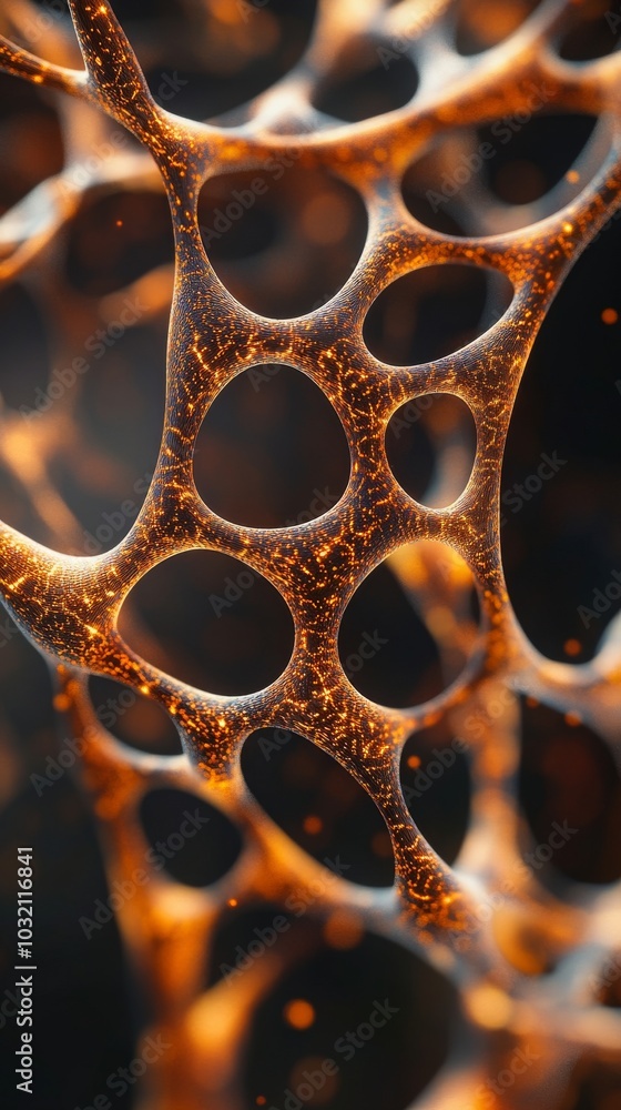 Poster abstract network structure is glowing with orange particles on a dark background. this abstract back