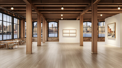 Fototapeta premium Modern loft with minimalist decor, large windows, and expansive empty walls and floors, ready for branding or text placement