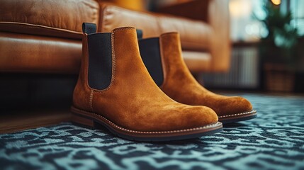 A pair of brown suede ankle boots with black elastic side panels are on a patterned rug in front of a leather couch.