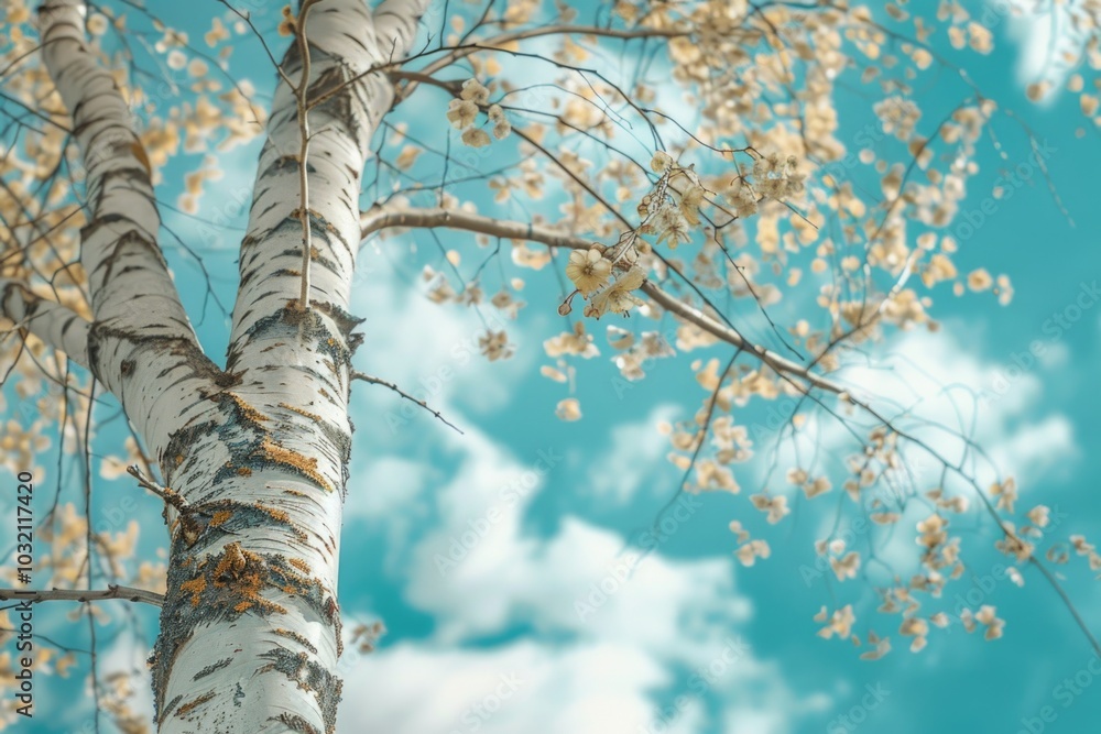 Poster a detailed shot of a tree trunk with the sky visible in the background