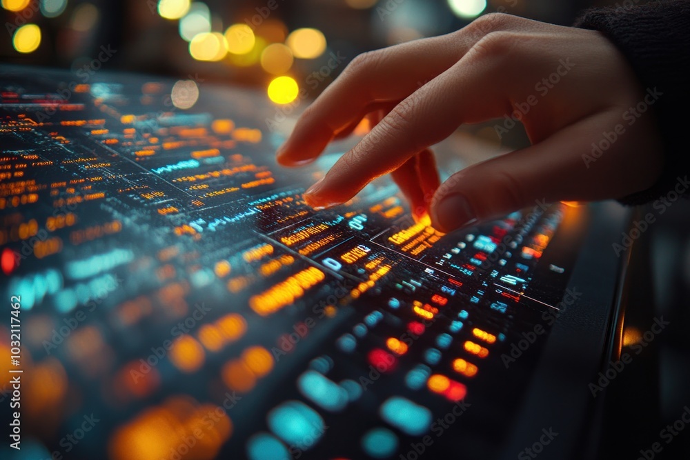 Poster close-up of a hand interacting with a futuristic touchscreen interface, displaying glowing data and 