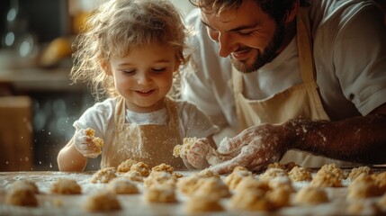 A father and his young daughter are making cookies in the kitchen. They are both covered in flour and are smiling happily.